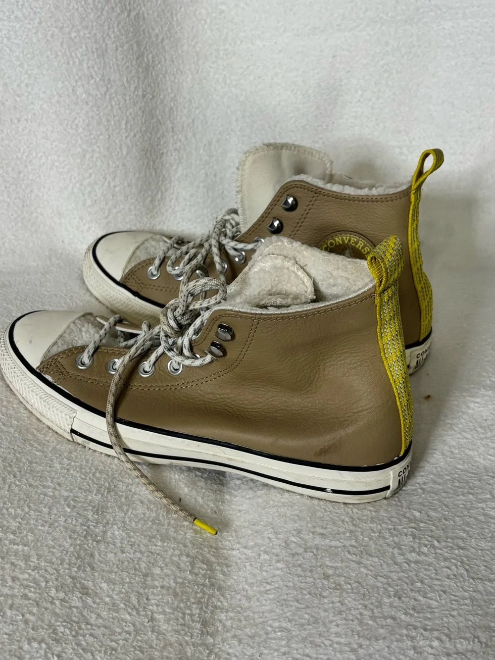 Converse Kids Tan High-Top Sneakers with White Sherpa Lining and Yellow Pull Tab